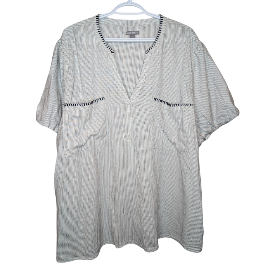 NWT Falls Creek White Navy Boho Striped Short Puff Sleeve Shirt Blouse 3XL Plus
